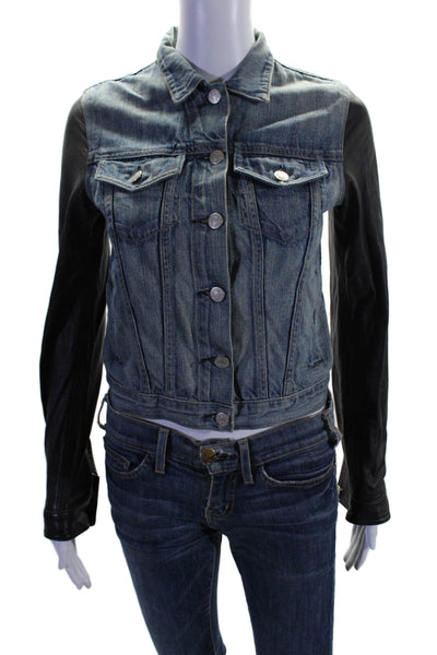 Rag & Bone Womens Cotton Button Down Leather Trim Denim Jacket Blue Size XS