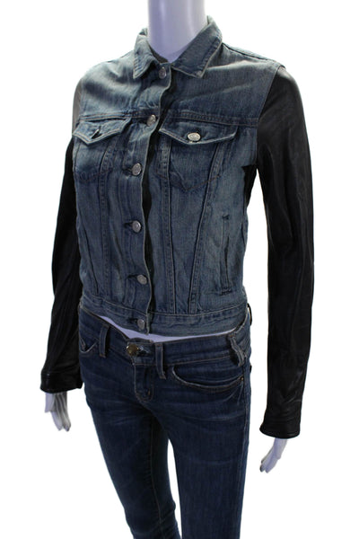 Rag & Bone Womens Cotton Button Down Leather Trim Denim Jacket Blue Size XS