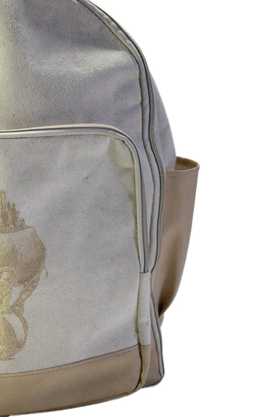 Beis Womens White Beige Canvas Printed Zip Large Backpack Bag Handbag