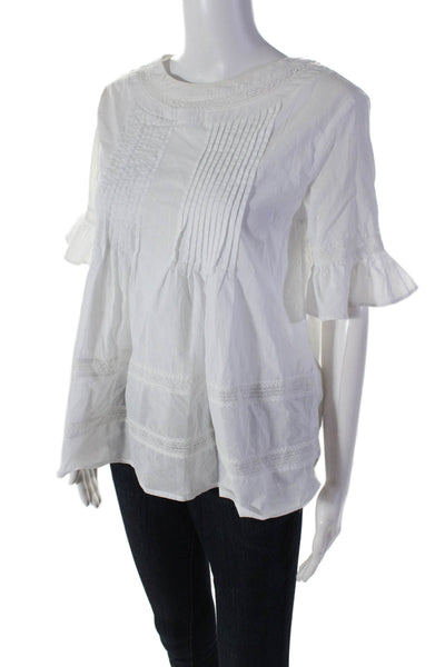 English Factory Womens Cotton Round Neck Short Sleeve Blouse Top White Size S