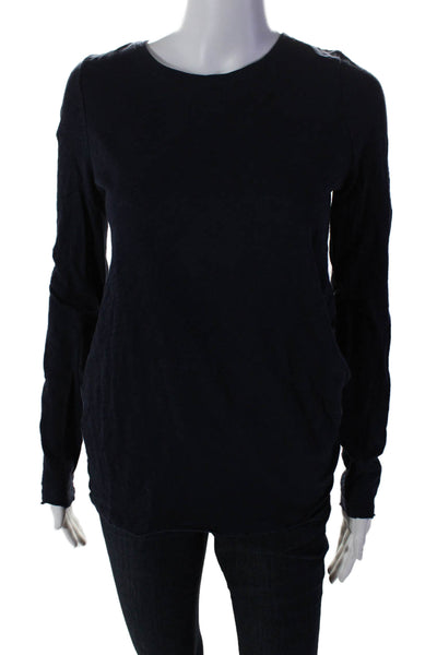 ATM Womens Long Sleeve Scoop Neck Classic Tee Shirt Navy Blue Cotton Size Small