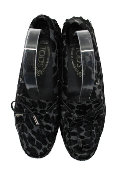 Tods Womens Pony Hair Animal Print Tied Driving Moccasins Black SIze EUR 36.5