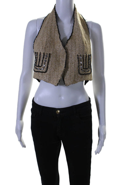 Mes Demoiselles Women's V-Neck Halter Beaded Vest Beige Black Size 36