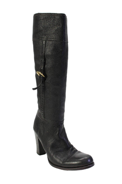 Prada Womens Leather Gold Buckle Knee High Pull On Boots Black Size 38 8