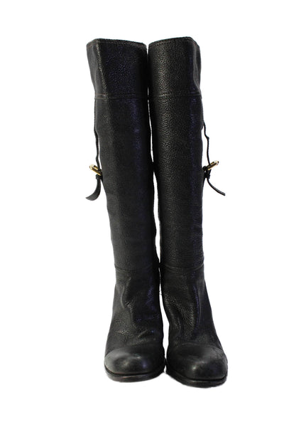 Prada Womens Leather Gold Buckle Knee High Pull On Boots Black Size 38 8