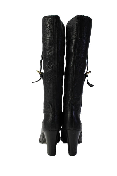 Prada Womens Leather Gold Buckle Knee High Pull On Boots Black Size 38 8