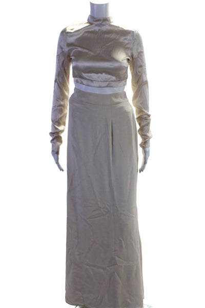 August Getty Women's Silk Slit Hem Maxi Skirt Two Piece Set Beige Size 2