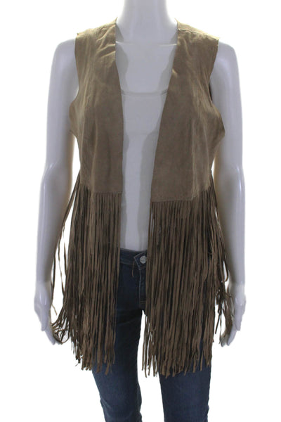 LaMarque Womens Brown Suede Leather Fringe Detail Open Front Vest Jacket Size S