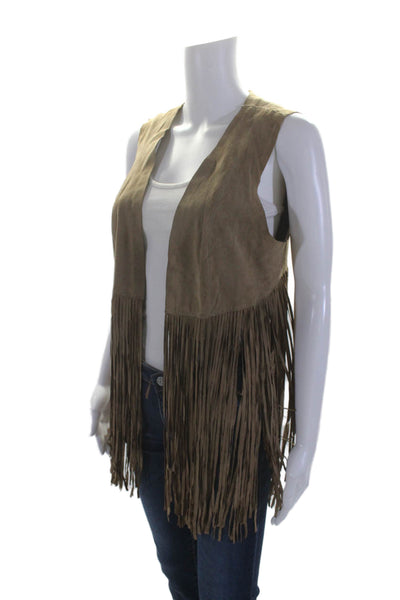 LaMarque Womens Brown Suede Leather Fringe Detail Open Front Vest Jacket Size S