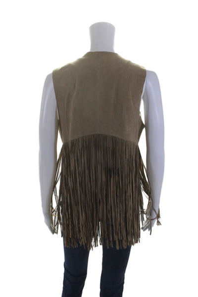 LaMarque Womens Brown Suede Leather Fringe Detail Open Front Vest Jacket Size S