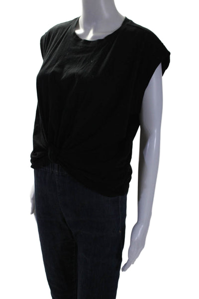 Frame Womens Cotton Round Neck Short Sleeve Knot Tied Blouse Top Black Size M