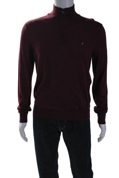 F. by Faconnable Mens Wool Ribbed Hem Half Zip Mock Neck Sweater Burgundy Size M