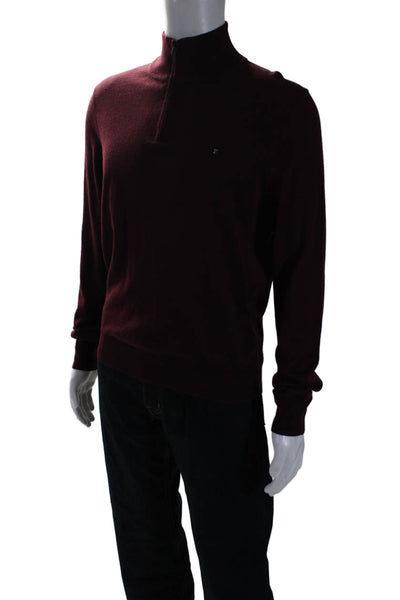 F. by Faconnable Mens Wool Ribbed Hem Half Zip Mock Neck Sweater Burgundy Size M