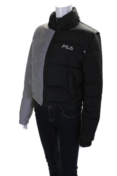 Fila Womens Full Zip Reflective Removeable Sleeve Puffer Coat Black Gray Size M