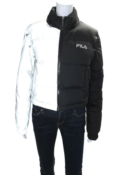 Fila Womens Full Zip Reflective Removeable Sleeve Puffer Coat Black Gray Size M