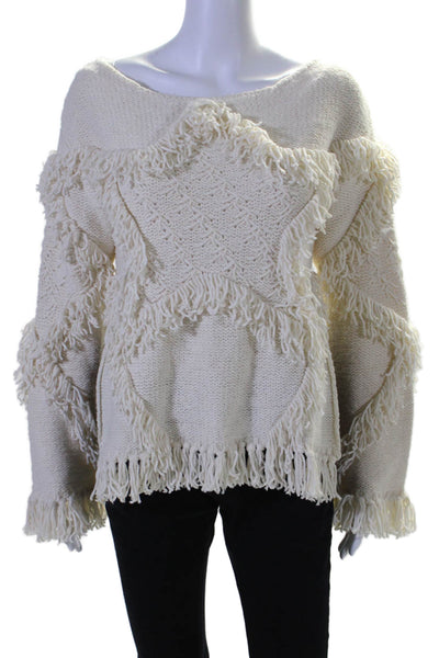 BCBG Max Azria Runway Womens Frayed Textured Long Sleeve Sweater Cream Size 2XS