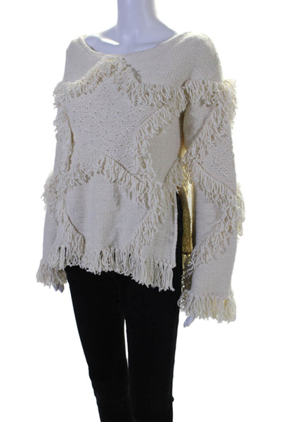 BCBG Max Azria Runway Womens Frayed Textured Long Sleeve Sweater Cream Size 2XS