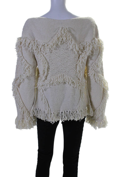 BCBG Max Azria Runway Womens Frayed Textured Long Sleeve Sweater Cream Size 2XS