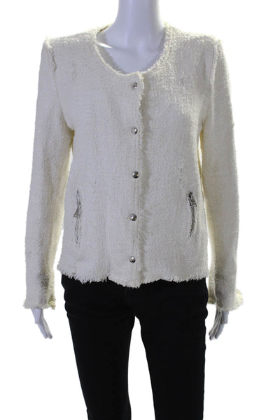 IRO Womens Long Sleeve Front Zip Crew Neck Knit Fringe Jacket White Size FR 42