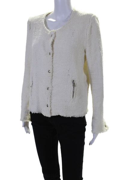 IRO Womens Long Sleeve Front Zip Crew Neck Knit Fringe Jacket White Size FR 42