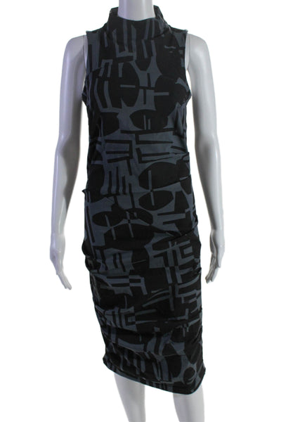 Porto  Womens Geometric Print Sleeveless Ruched Dress Gray Black Size 1