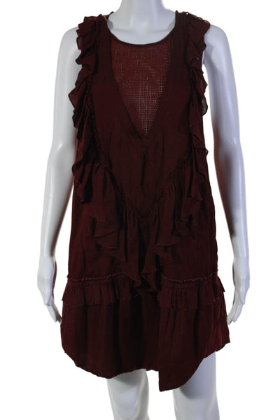 Isabel Marant Womens Sleeveless Open Knit Trim Ruffled Shift Dress Red FR 38