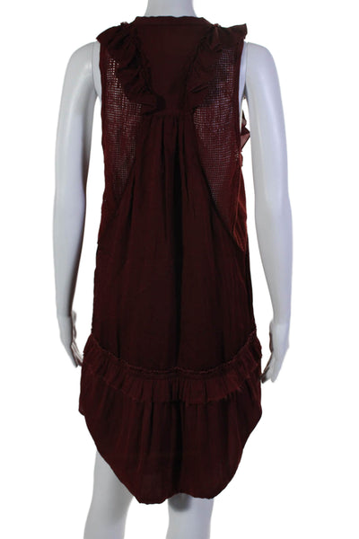 Isabel Marant Womens Sleeveless Open Knit Trim Ruffled Shift Dress Red FR 38