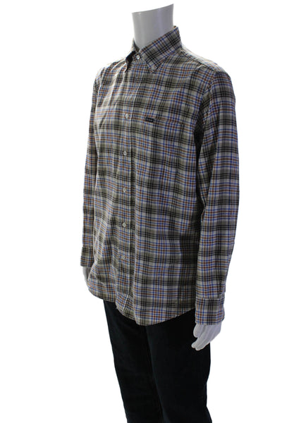 Faconnable Mens Cotton Plaid Print Collared Buttoned-Up Top Beige Size M