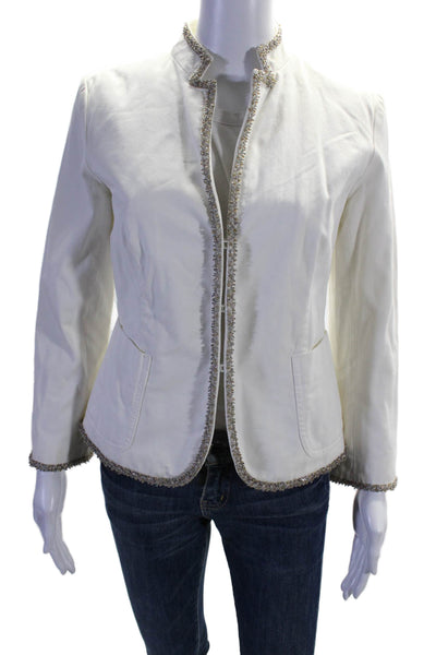 J Crew Womens Hook Front Beaded Trim Blazer Jacket White Cotton Size 6