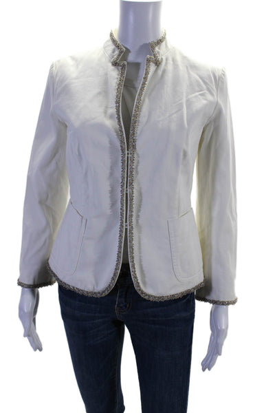 J Crew Womens Hook Front Beaded Trim Blazer Jacket White Cotton Size 6