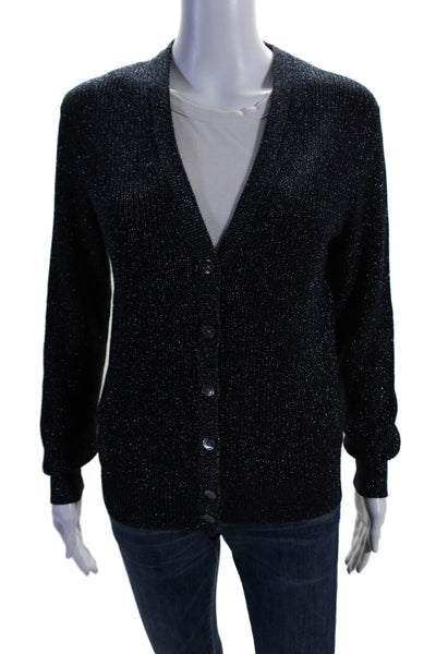 J Crew Womens Button Front V Neck Metallic Knit Cardigan Sweater Blue Size Small