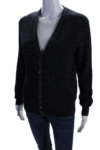 J Crew Womens Button Front V Neck Metallic Knit Cardigan Sweater Blue Size Small