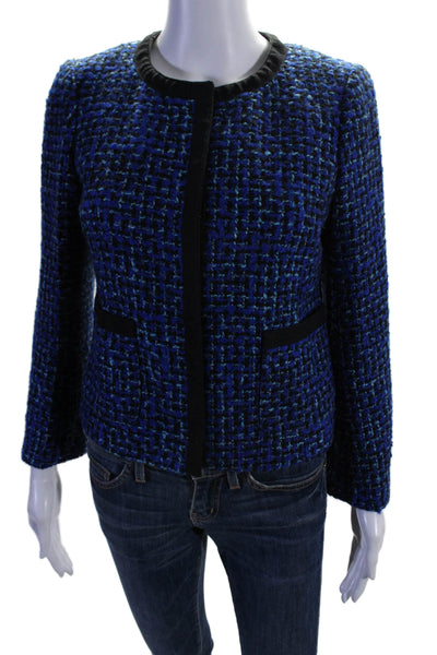 J Crew Womens Hook Front Long Sleeve Round Neck Tweed Jacket Blue Size 6