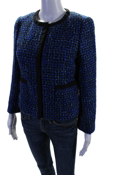 J Crew Womens Hook Front Long Sleeve Round Neck Tweed Jacket Blue Size 6