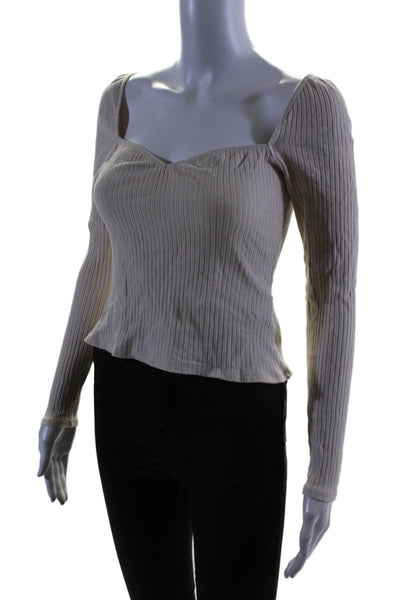 Reformation Womens Stretch Ribbed V-Neck Long Sleeve Top Beige Size M