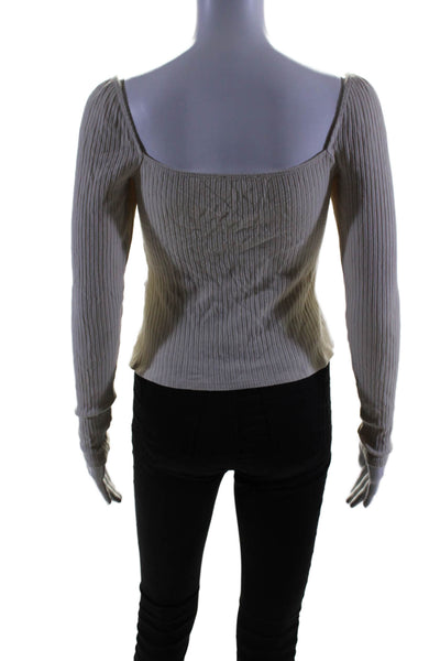 Reformation Womens Stretch Ribbed V-Neck Long Sleeve Top Beige Size M