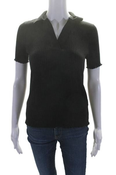 Goldie Womens Black Ribbed Lettuce Edge Collar Short Sleeve Polo Shirt Size XS