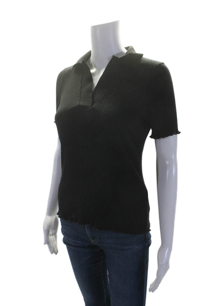 Goldie Womens Black Ribbed Lettuce Edge Collar Short Sleeve Polo Shirt Size XS