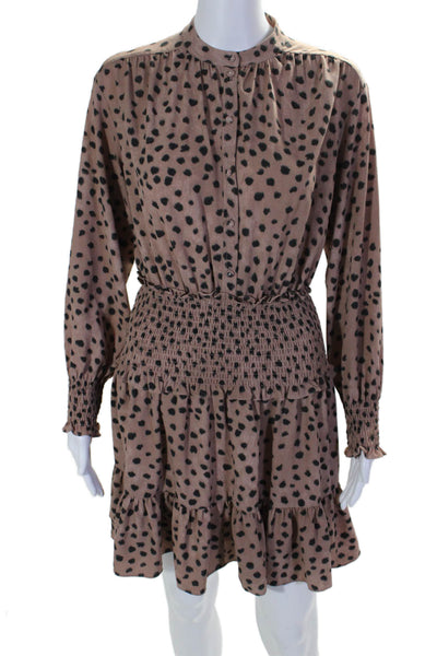 La Vie By Rebecca Taylor Womens Long Sleeve Smocked Trim Spotted Dress Brown XS