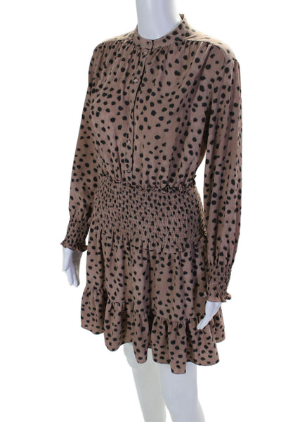 La Vie By Rebecca Taylor Womens Long Sleeve Smocked Trim Spotted Dress Brown XS