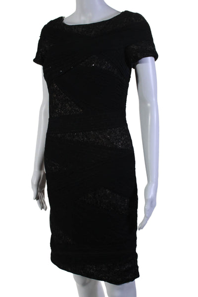 Tadashi Shoji Womens Silk Short Sleeve Sequin Pleated Sheath Dress Black Size 4