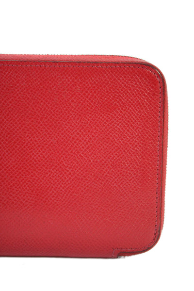 Hermes Womens Pebbled Leather Silver Tone Zip Around Clutch Wallet Red