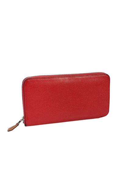 Hermes Womens Pebbled Leather Silver Tone Zip Around Clutch Wallet Red