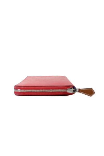 Hermes Womens Pebbled Leather Silver Tone Zip Around Clutch Wallet Red