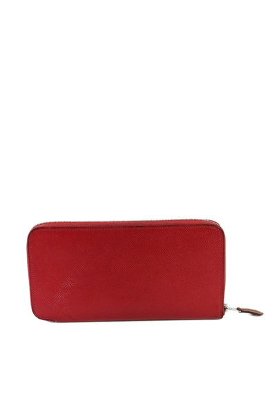 Hermes Womens Pebbled Leather Silver Tone Zip Around Clutch Wallet Red