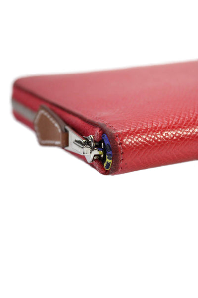 Hermes Womens Pebbled Leather Silver Tone Zip Around Clutch Wallet Red