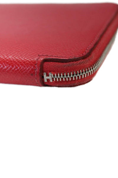 Hermes Womens Pebbled Leather Silver Tone Zip Around Clutch Wallet Red