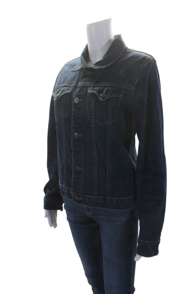 Earl Jean Womens Denim Crew Neck Long Sleeves Button Down Jacket Blue Size Large