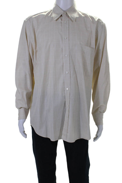 Brioni Mens Button Front Collared Check Glen Plaid Shirt Beige Cotton Size Large