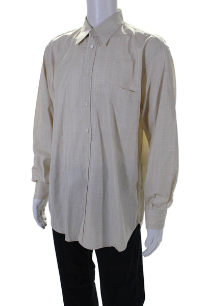 Brioni Mens Button Front Collared Check Glen Plaid Shirt Beige Cotton Size Large